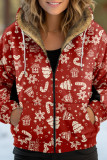 Red Green Casual Print Patchwork Zipper Hooded Collar Outerwear