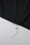 Calça esportiva casual preta, patchwork diário, liso, com cordão, bolso, gola redonda, manga comprida, duas peças