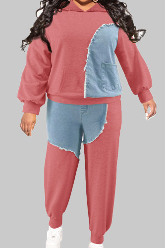 Brick Red Casual Color Block Patchwork Pocket Turndown Collar Plus Size Two Pieces