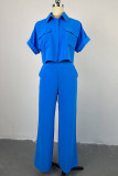 Blue Sweet Solid Patchwork Pocket Buckle Shirt Collar Short Sleeve Two Pieces Blouse Tops And Wide Leg Pants Sets