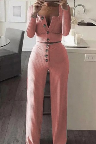 Pink Casual Solid Buttons Vests Pants U Neck Sleeveless Two Pieces