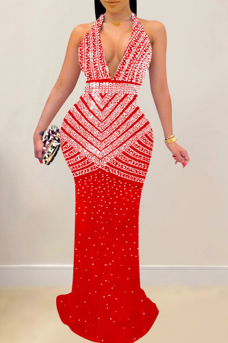 Red Sexy Patchwork Hot Drilling See-through Backless Halter Long Dress Dresses