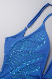 Blaue Sexy Patchwork Hot Drilling Rückenfreies Sling-Kleid mit V-Ausschnitt