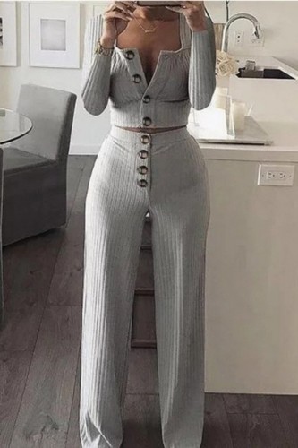 Silver Gray Casual Solid Buttons Vests Pants U Neck Sleeveless Two Pieces