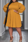 Rose Red Casual Solid Basic O Neck Long Sleeve Plus Size Dresses