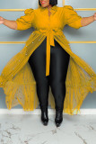 Amarelo casual sólido bandagem patchwork fivela beading turndown colarinho reto vestidos tamanhos grandes