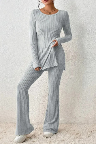 Light Gray Casual Solid Slit O Neck Long Sleeve Two Pieces