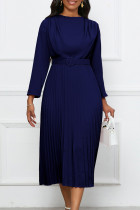 Mörkblå Casual Solid med bälte o-hals långärmade klänningar