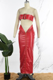 Red Sexy Street Party Solid Plain Solid Color Zipper Strapless Sleeveless Two Pieces