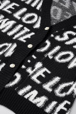 Black Casual Letter Patchwork V Neck Outerwear