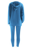 Sky Blue Casual Solid Cardigan Vests Pants O Neck Plus Size Three Piece Set
