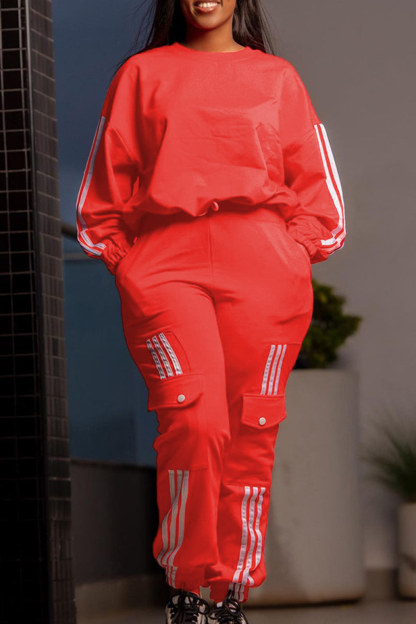 Rote Freizeit-Sportbekleidung, tägliches Patchwork, schlichte Patchwork-Hose mit Kordelzug und Taschen, O-Ausschnitt, lange Ärmel, zweiteilig