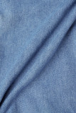 Vaqueros callejeros de patchwork liso con botones de bolsillo y cremallera de cintura alta rectos azul claro