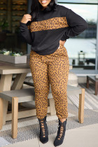 Zwart casual print luipaard patchwork ronde hals grote maat twee stuks