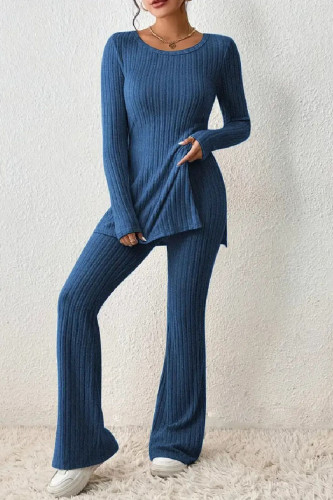 Blue Casual Solid Slit O Neck Long Sleeve Two Pieces