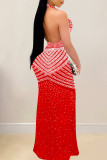 Vestido longo sexy vermelho com retalhos e perfuração quente transparente frente única frente única