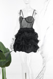 Zwarte zoete dagelijkse feestformele patchwork strass mouwloze jurk met spaghettibandjes