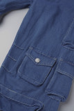 Deep Blue Street Solid Patchwork Pocket Buttons Zipper High Waist Straight Cargo Denim Jeans