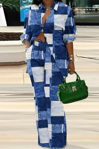 White Blue Casual Print Patchwork Draw String Pocket Buckle Turndown Collar Long Sleeve Two Pieces
