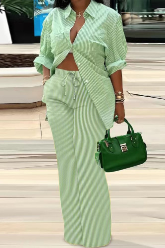 Green Casual Print Patchwork Draw String Pocket Buckle Turndown Collar Long Sleeve Two Pieces