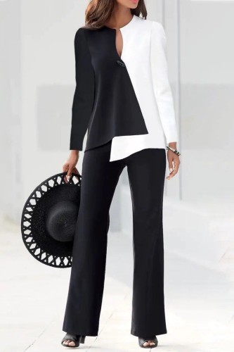 White Casual Patchwork Contrast V Neck Long Sleeve Two Pieces
