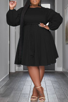 Schwarze, lässige, solide Basic-Kleider mit O-Ausschnitt und langen Ärmeln in Übergröße
