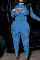 ブルーのセクシーなソリッドくり抜きパッチワークOネックスキニージャンプスーツ