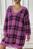 Purple Street Plaid Patchwork V Neck Straight Dresses