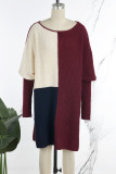 Bordeaux casual elegante kleurblokken patchwork O-hals jurken met lange mouwen