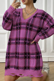 Vestidos retos roxos de rua xadrez patchwork com decote em V