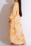 Laranja casual estampa patchwork camisa gola vestido longo vestidos plus size (sujeito ao objeto real)