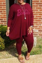 Burgundy Casual Street Letter Hot Drill O Neck Plus Size Two Pieces