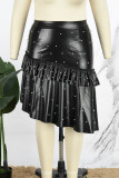Black Casual Patchwork Pearl Asymmetrical Plus Size Skirt