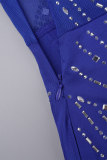 Blauwe sexy patchwork hete boren uitgeholde rugloze halter mouwloze jurkjurken