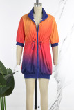 Orange Casual Print Patchwork Draw String Zipper Collar Printed Dress Dresses