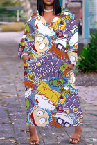 Lila lässiges Cartoon-Druck-Basic-Kleid mit V-Ausschnitt und langen Ärmeln