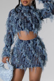 Black Street Patchwork Weave O Neck Long Sleeve Two Pieces Tassel Crop Tops And Skirts Sets