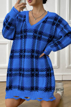 Rechte jurken met blauwe straatruit en patchwork en V-hals
