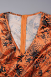 Rood Casual dagelijkse elegante gemengde print patchwork volant print contrasterende V-hals jurken