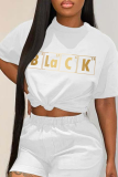 Black Street Print Letter O Neck Crop Tops T-Shirts