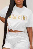 White Street Print Letter O Neck Crop Tops T-Shirts