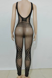 Black Sexy Solid Ripped Patchwork See-through O Neck Skinny Jumpsuits