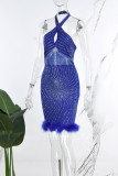 Blauwe sexy patchwork hete boren uitgeholde rugloze halter mouwloze jurkjurken