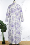 Robe longue violette à col chemise et imprimé décontracté, robes de grande taille (sous réserve de l'objet réel)