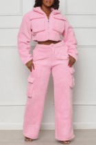 Pink Casual Solid Patchwork Zipper Collar Long Sleeve Two Pieces Cropped Jackets Cargo Pants Sets