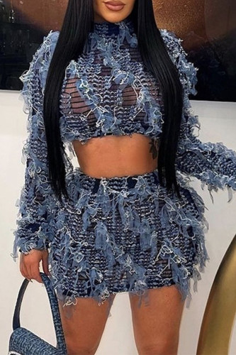 Blue Street Patchwork Weave O Neck Long Sleeve Two Pieces Tassel Crop Tops And Skirts Sets