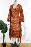 Geel Casual dagelijkse elegante gemengde print patchwork volant print contrasterende V-hals jurken