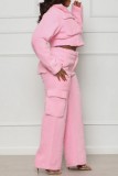 Pink Casual Solid Patchwork Zipper Collar Long Sleeve Two Pieces Cropped Jackets Cargo Pants Sets