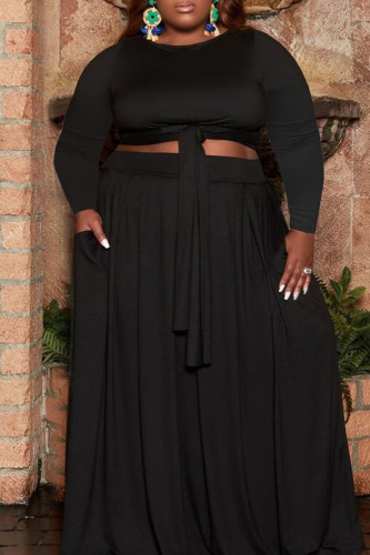 Black Casual Solid Frenulum O Neck Plus Size Two Pieces