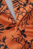Оранжевый Повседневный Повседневный Элегантный Смешанный принт Пэчворк Волан с принтом Контрастные платья с V-образным вырезом